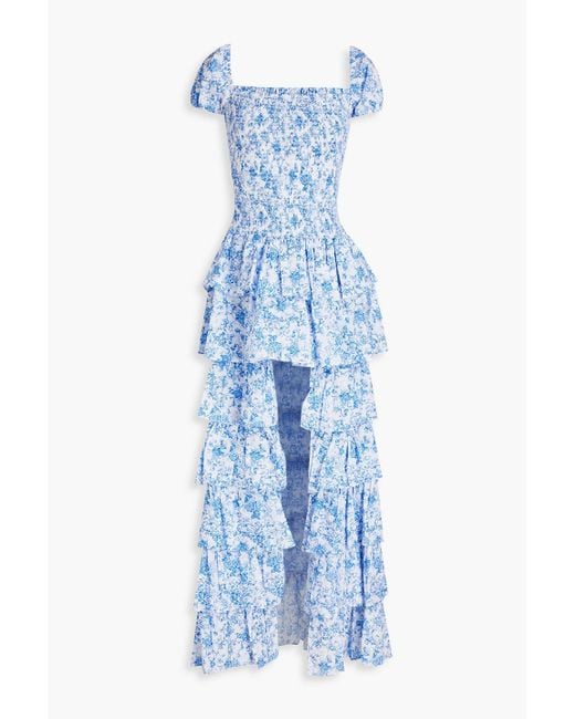 Caroline Constas Blue Malta gestuftes minikleid aus baumwollpopeline mit floralem print und raffung