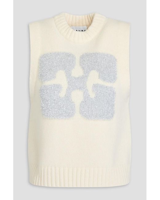 Ganni Natural Metallic Intarsia-Knit Vest