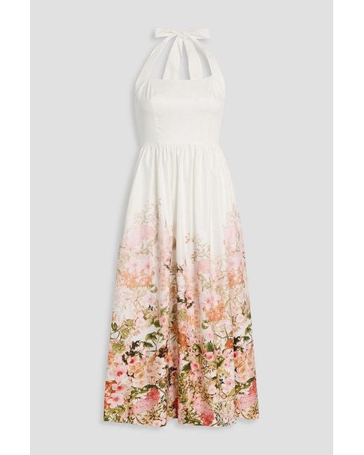 Mikael Aghal Natural Floral-Print Cotton-Blend Poplin Halterneck Midi Dress