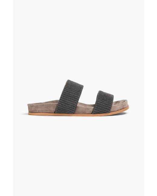 Brunello Cucinelli Gray Bead-Embellished Leather Sandals
