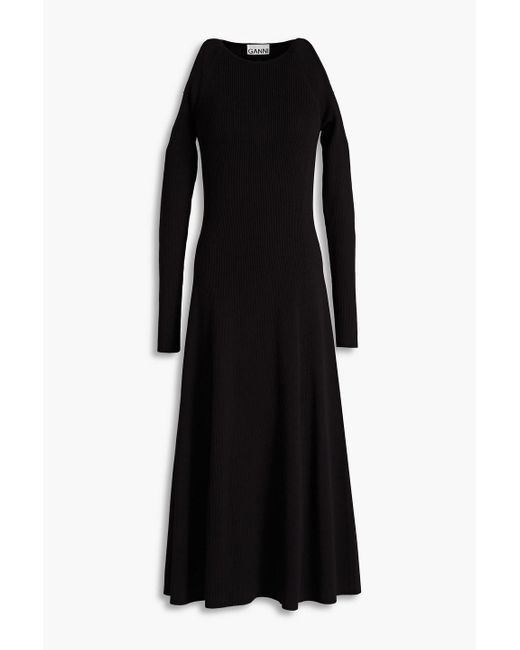 Ganni Black Cutout Ribbed-knit Midi Dress