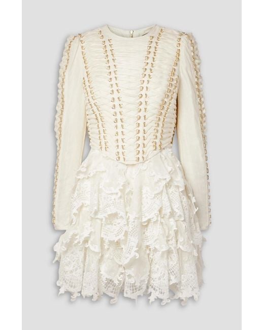 Zimmermann Natural Ruffled Lace-paneled Embellished Linen And Silk-blend Mini Dress