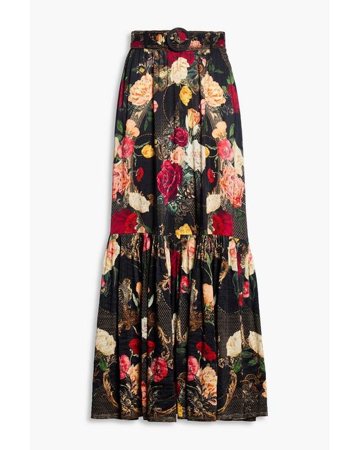 Camilla Black Belted Floral-Print Linen And Silk-Blend Maxi Skirt