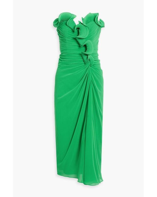 Badgley Mischka Green Strapless Ruffled Plissé-Georgette Midi Dress