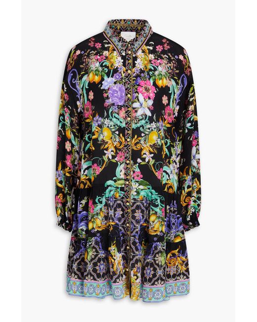 Camilla Black Hemdkleid aus crêpe de chine aus seide mit floralem print und kristallverzierung in minilänge