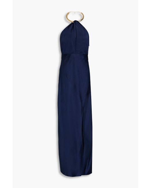 Nicholas Blue Embellished Satin Halterneck Maxi Dress