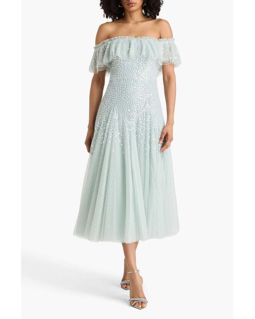 Needle & Thread Blue Dappled Off-The-Shoulder Sequin-Embellished Tulle Midi Dress
