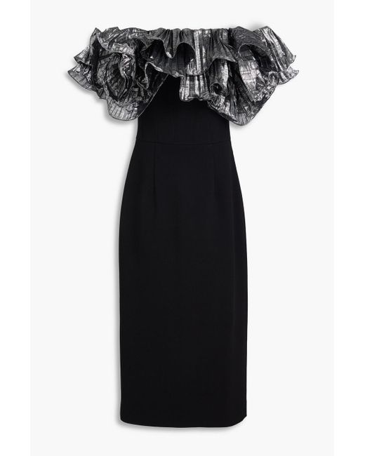 Rebecca Vallance Black Lumi Strapless Ruffled Lamé Midi Dress