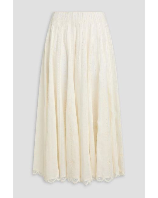 Tory Burch Natural Crochet-Trimmed Linen Midi Skirt