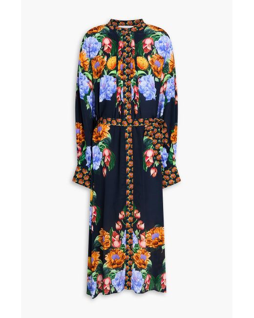 Borgo De Nor White Pintucked Floral-print Crepe De Chine Midi Shirt Dress