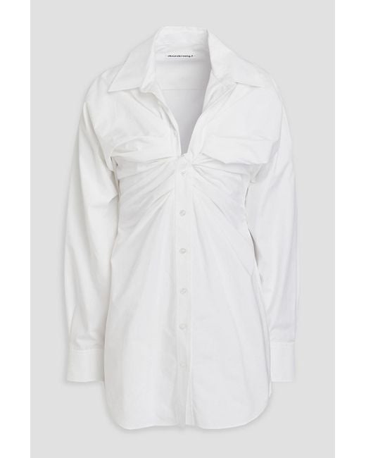 T By Alexander Wang White Ruched Cotton-poplin Mini Shirt Dress