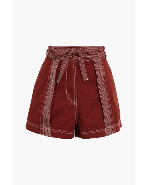 Ulla Johnson Red Gavin Belted Topstitched Cotton-twill Shorts
