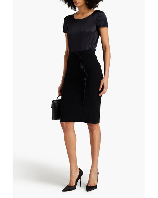 Emporio Armani Black Ruffled Satin-trimmed Knitted Pencil Skirt