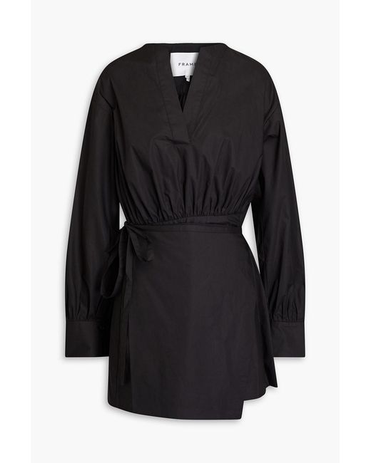 FRAME Black Wrap-effect Gathered Cotton-poplin Mini Dress