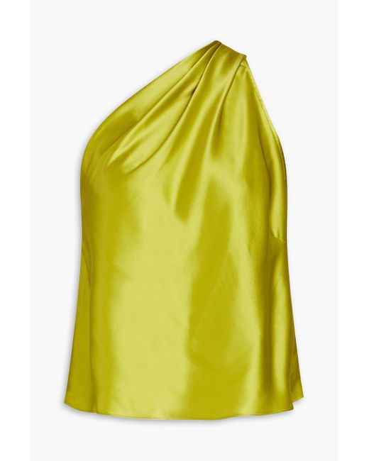 Michelle Mason Yellow One-shoulder Draped Pleated Silk-satin Top