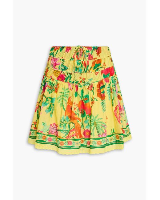 Farm Rio Green Lace-trimmed Floral-print Cotton Mini Skirt