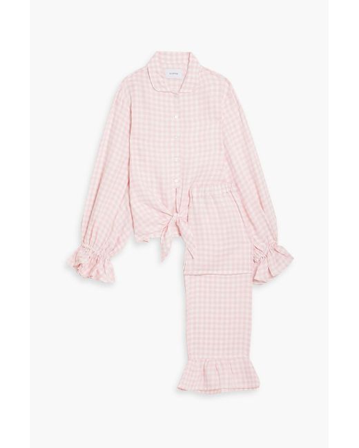 Sleeper Pink Rumba Ruffled Gingham Linen-blend Pajama Set