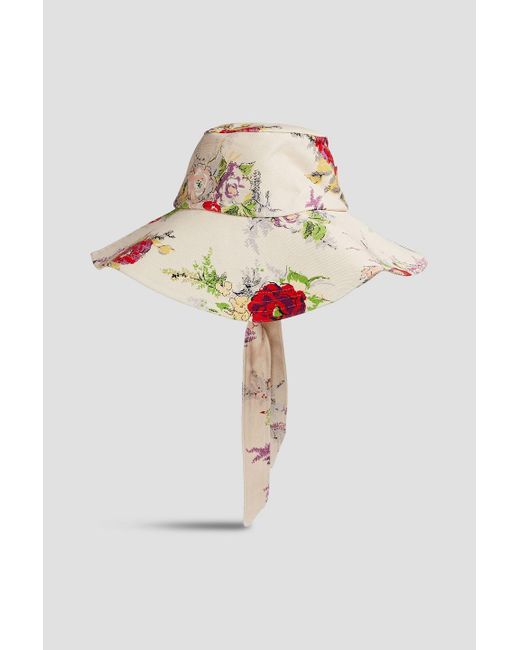 Zimmermann White Tie-detailed Floral-print Cotton-twill Sunhat