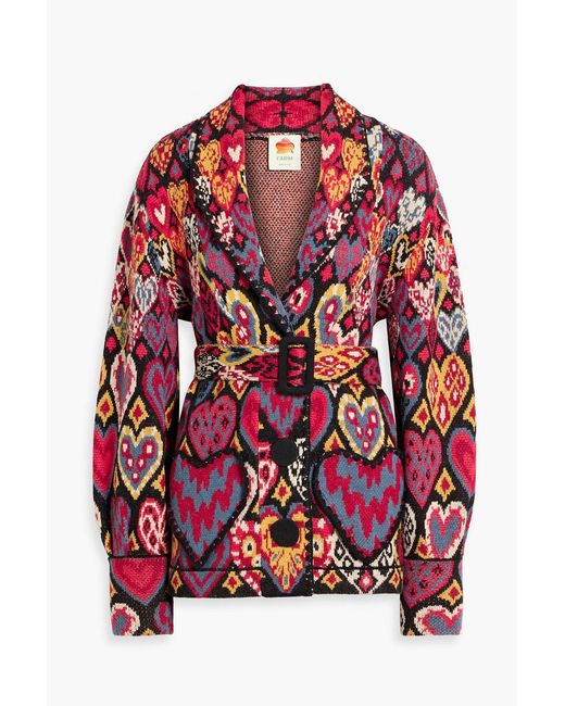 Farm Rio Red Belted Jacquard-Knit Cardigan