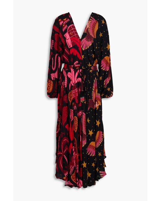 Farm Rio Red Embellished Printed Crepe Midi Dress