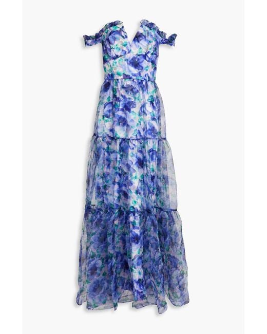THEIA Blue Off-the-shoulder Floral-print Crinkled Organza Gown