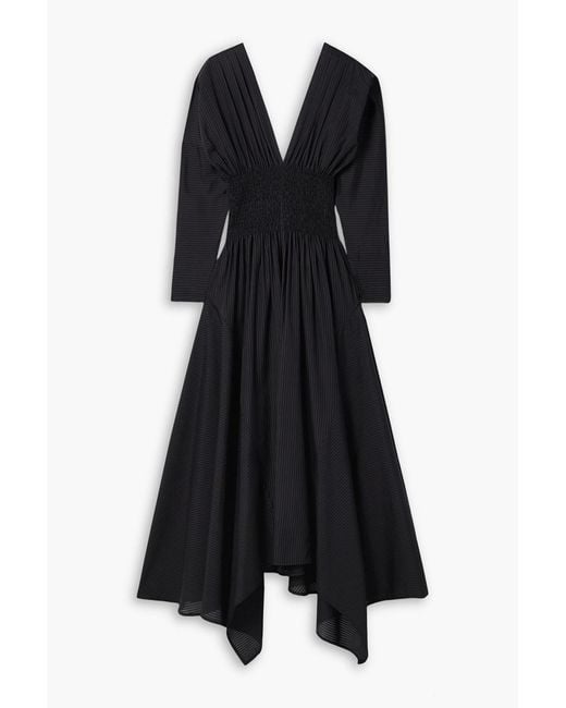 Salon 1884 Black Shirred Asymmetric Striped Cotton-poplin Maxi Dress