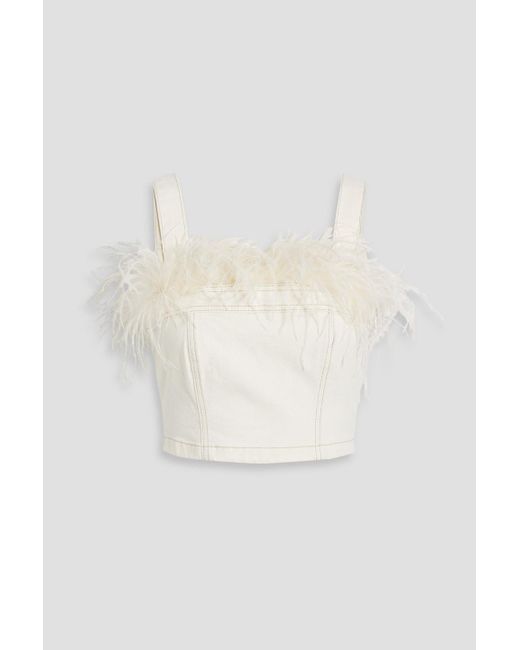 Jonathan Simkhai White Reeves Cropped Feather-Trimmed Denim Top