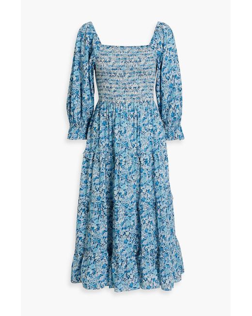 LoveShackFancy Blue Minnie Tiered Smocked Floral-print Cotton-poplin Midi Dress