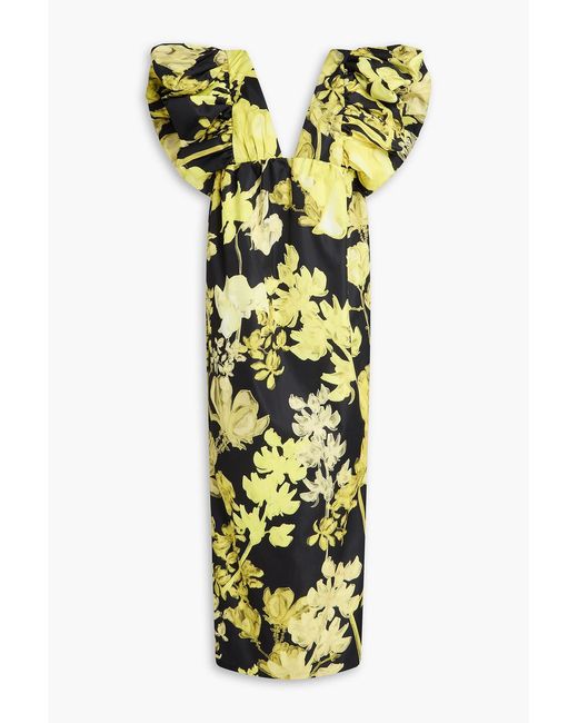 Kika Vargas White Metvi Ruffled Floral-print Satin-twill Midi Dress