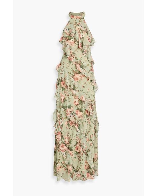 Mikael Aghal Metallic Ruffled Floral-Print Chiffon Maxi Dress