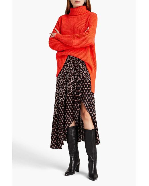 Maje Black Asymmetric Logo-Print Voile Midi Skirt