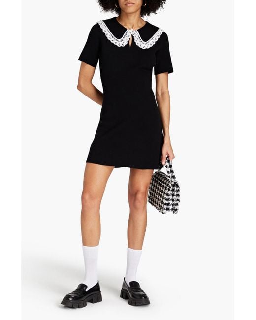 Maje Black Guipure Lace-trimmed Cotton Mini Dress