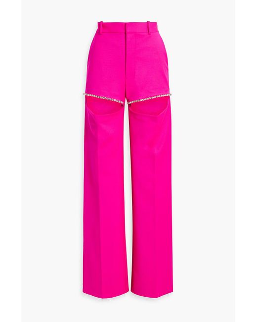 Area Pink Cutout Crystal-embellished Wool-blend Wide-leg Pants