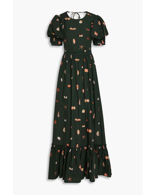Agua Bendita Green Amapola Open-back Printed Cotton Maxi Dress