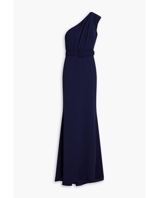 Badgley Mischka Blue One-shoulder Belted Crepe Gown
