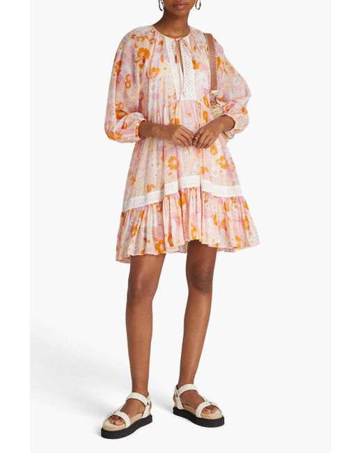 Maje Pink Gathered Floral-print Cotton And Silk-blend Mousseline Mini Dress