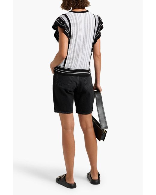 Autumn Cashmere Black Ruffled Striped Jacquard-Knit Cotton Top