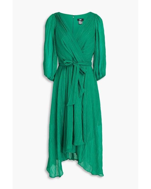 DKNY Green Wrap-effect Metallic Crepon Midi Dress