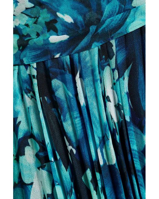 Badgley Mischka Blue Pleated Floral-print Chiffon Midi Dress
