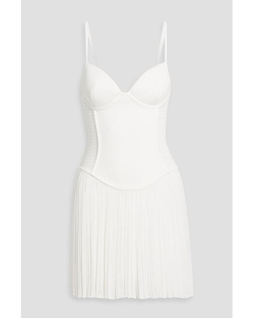 Balmain White Pleated Ribbed And Crochet-Knit Mini Dress