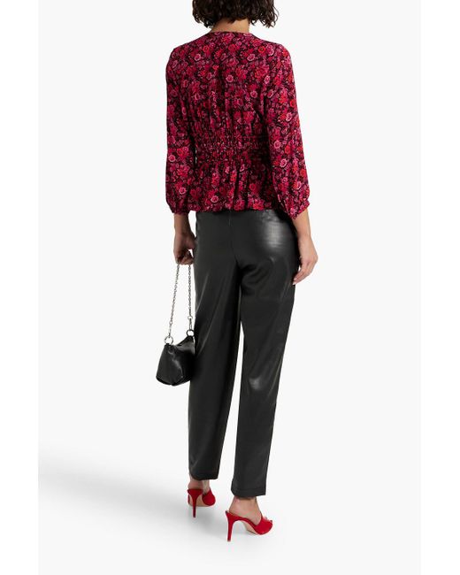 10 Crosby Derek Lam Red Gathe Floral-print Crepe De Chine Top
