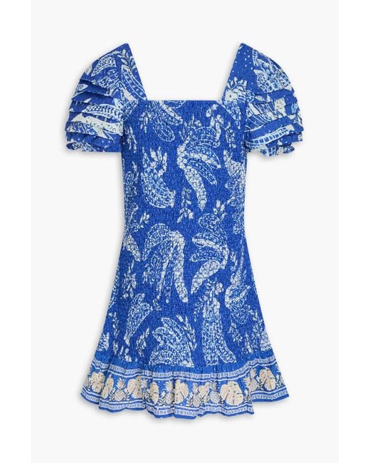 Farm Rio Blue Smocked Printed Broderie Anglaise Cotton Mini Dress