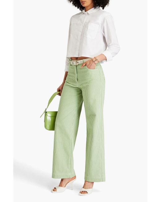 REMAIN Birger Christensen Green Striped Cotton-blend Canvas Straight-leg Pants