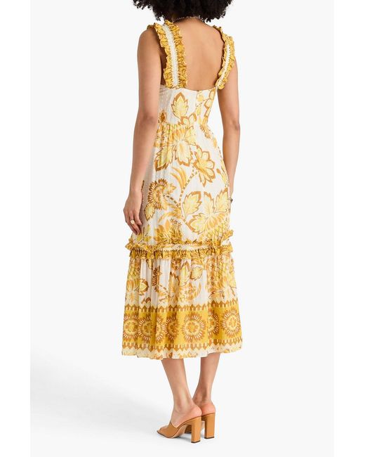 Farm Rio Metallic Ruffled Floral-Print Swiss-Dot Cotton Midi Dress