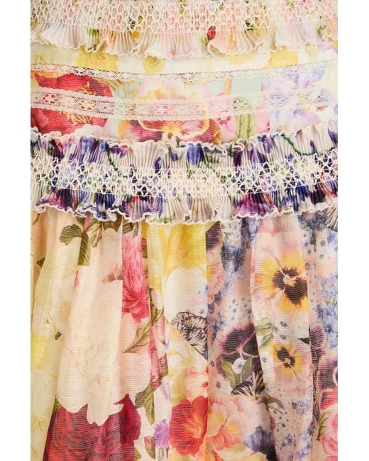 Zimmermann Yellow Ruffled Floral-print Linen And Silk-blend Gauze Midi Skirt
