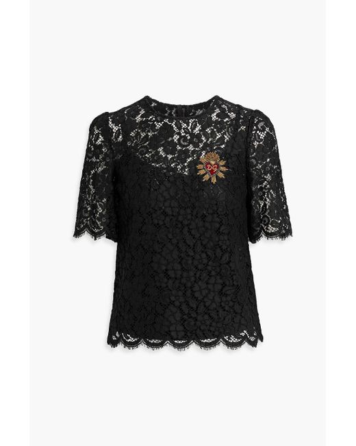 Dolce & Gabbana Black Appliquéd Cotton-blend Corded Lace Top