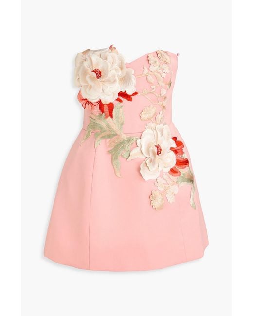 LEO LIN Pink Rosario Strapless Floral-Appliquéd Satin-Crepe Mini Dress