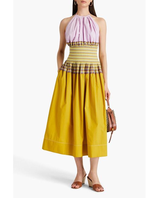 Tory Burch Yellow Color-block Checked Cotton-poplin Halterneck Midi Dress