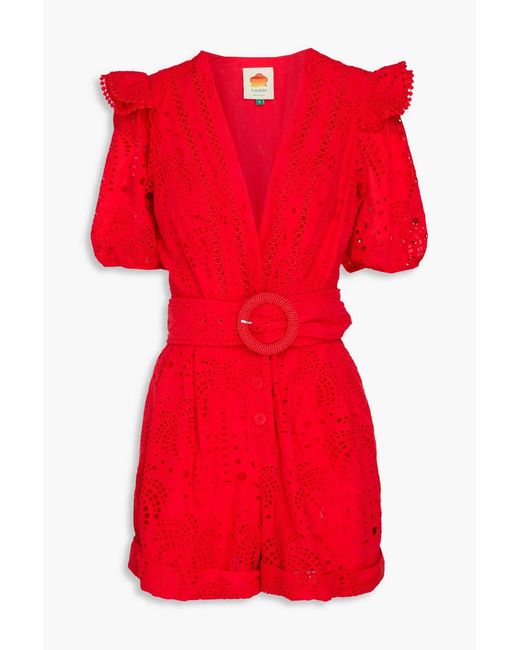 Farm Rio Red Belted Broderie Anglaise Cotton Playsuit