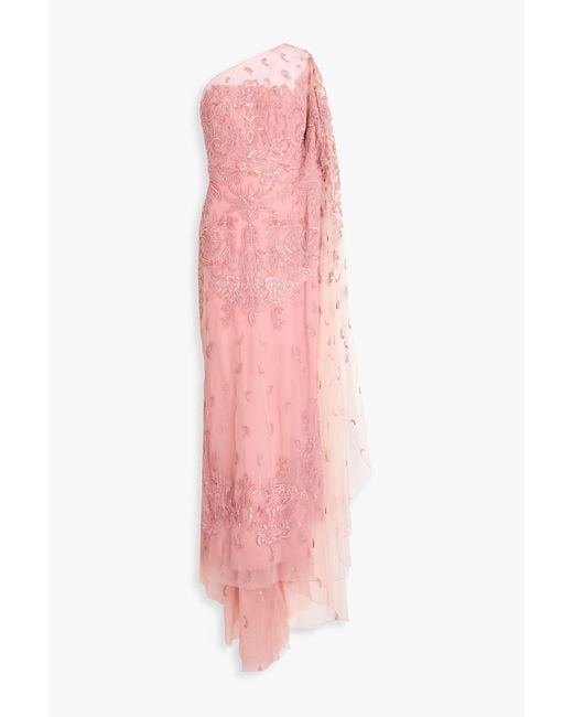Zuhair Murad Pink One-shoulder Draped Embellished Tulle Gown